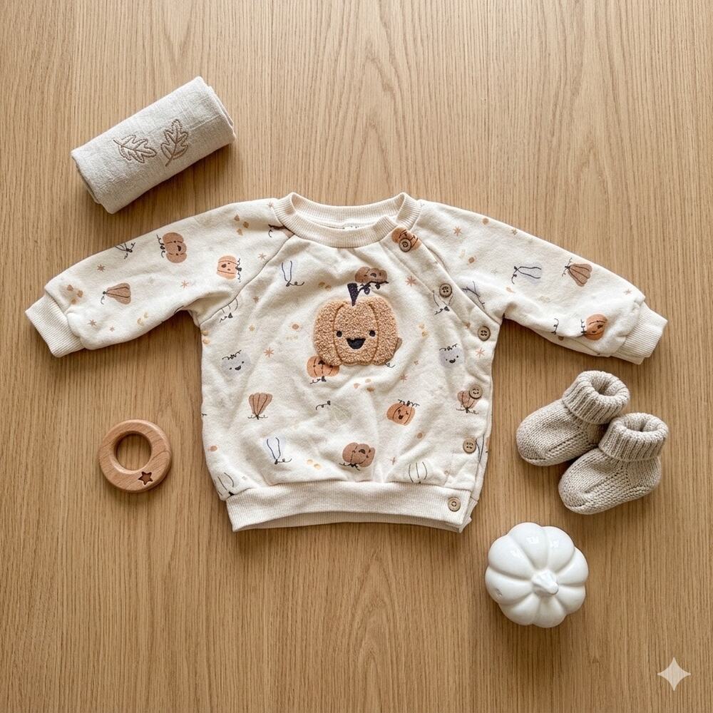 Rabbit‎ + Bear Organic Pumpkin Sweatshirt Cream Sherpa Patch Pullover 6-9 Months